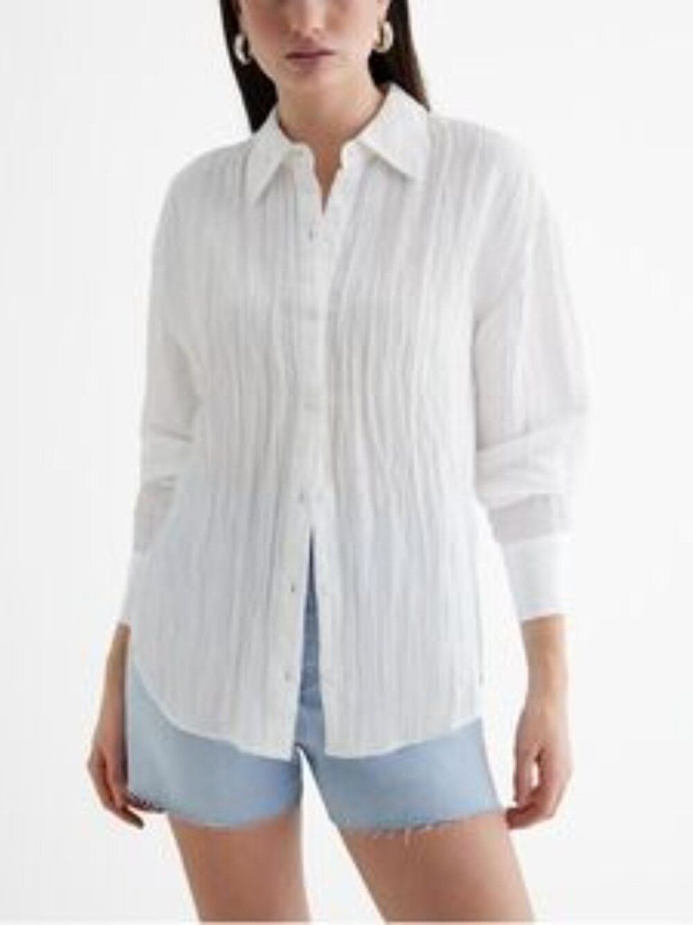 Express Portofino Shirt Line White Textured Button-Up Shirt For Women Size: L